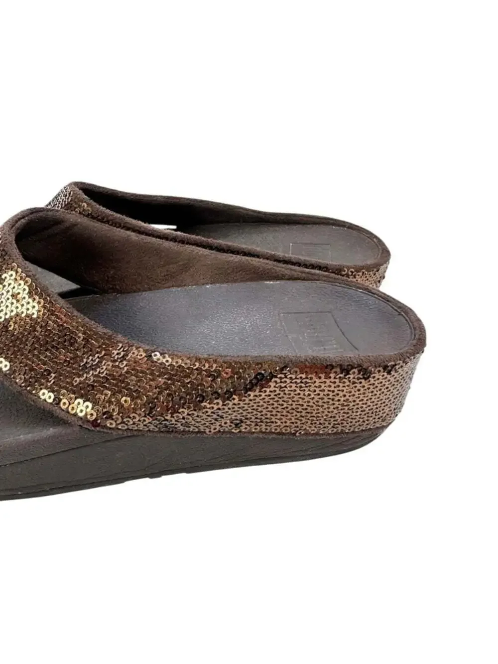 FitFlop Ringer Sequin Bronze Toe Post Sandals Womens 8 Platform Comfort